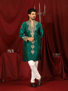 Luxe Men's Tissue Fabric Paisley Designed Embroidery with Sequinned V-Neck Kurta with Trouser Set - Green