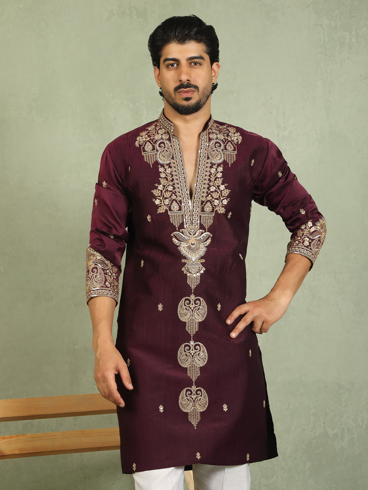 Luxe Men's Tissue Fabric Paisley Designed Embroidery with Sequinned V-Neck Kurta - Wine