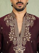 Luxe Men's Tissue Fabric Paisley Designed Embroidery with Sequinned V-Neck Kurta - Wine