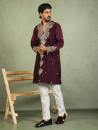Luxe Men's Tissue Fabric Paisley Designed Embroidery with Sequinned V-Neck Kurta - Wine