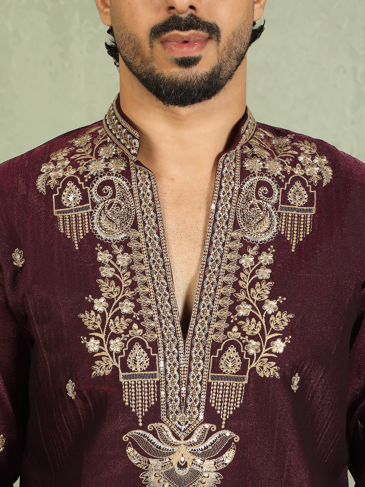 Luxe Men's Tissue Fabric Paisley Designed Embroidery with Sequinned V-Neck Kurta with Trouser Set - Wine