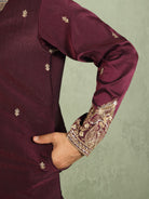Luxe Men's Tissue Fabric Paisley Designed Embroidery with Sequinned V-Neck Kurta with Trouser Set - Wine