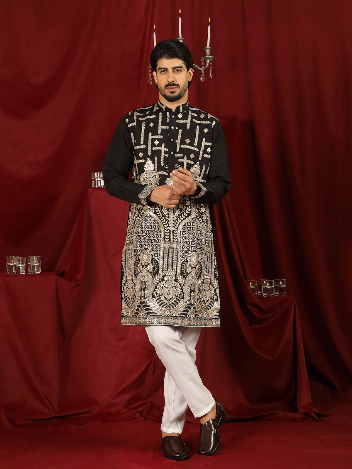 Luxe Men's Cotton Silk Fabric Ethnic Motifs Geometric Embroidered Kurta - Beige
