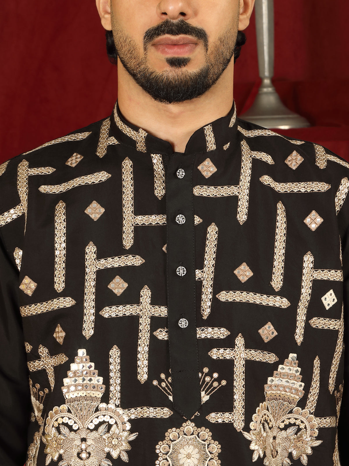 Luxe Men's Cotton Silk Fabric Ethnic Motifs Geometric Embroidered Kurta - Beige
