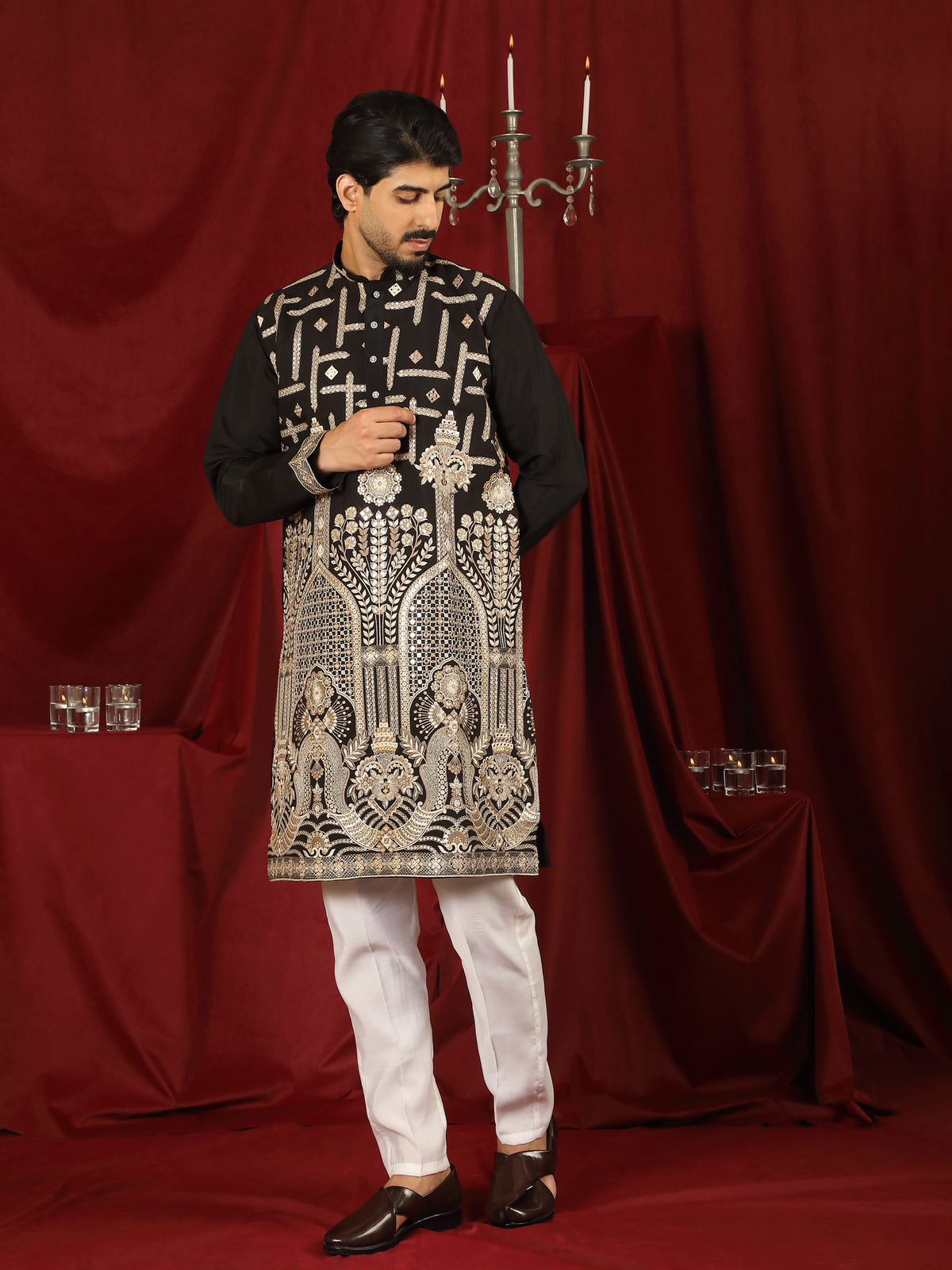 Luxe Men's Cotton Silk Fabric Ethnic Motifs Geometric Designed Kurta with Trouser Set - Beige