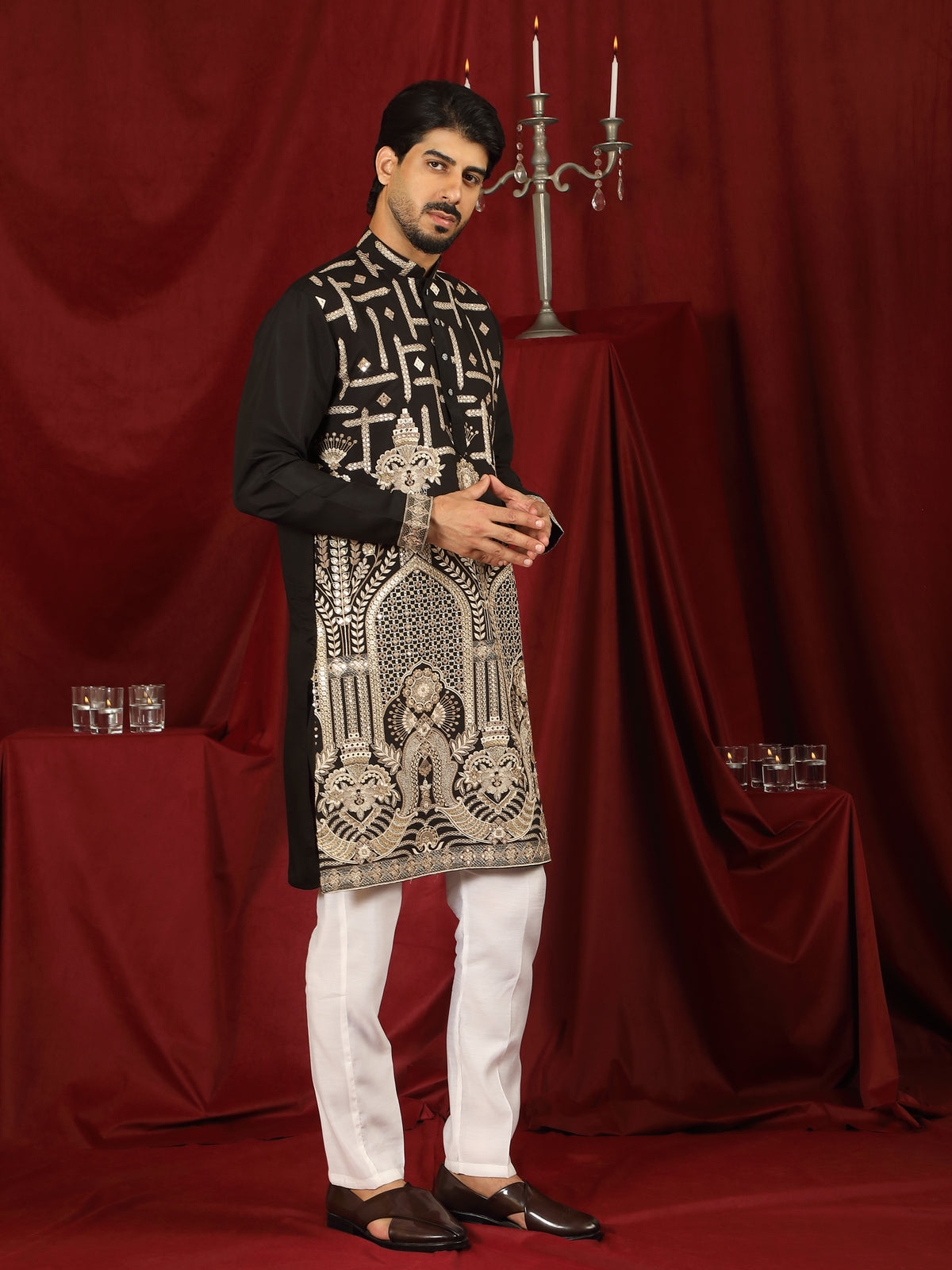 Luxe Men's Cotton Silk Fabric Ethnic Motifs Geometric Designed Kurta with Trouser Set - Beige