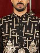 Luxe Men's Cotton Silk Fabric Ethnic Motifs Geometric Designed Kurta with Trouser Set - Beige