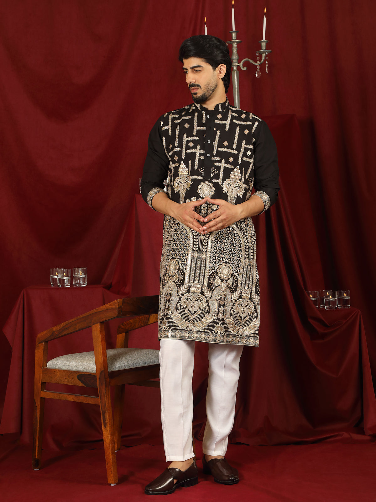 Luxe Men's Cotton Silk Fabric Ethnic Motifs Geometric Designed Kurta with Trouser Set - Beige