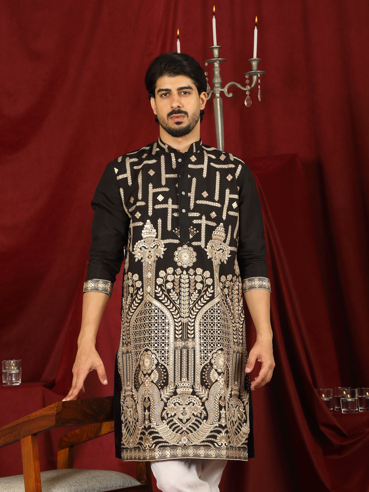 Luxe Men's Cotton Silk Fabric Ethnic Motifs Geometric Designed Kurta with Trouser Set - Beige