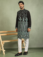 Luxe Men's Cotton Silk Fabric Ethnic Motifs Geometric Embroidered Kurta - Green