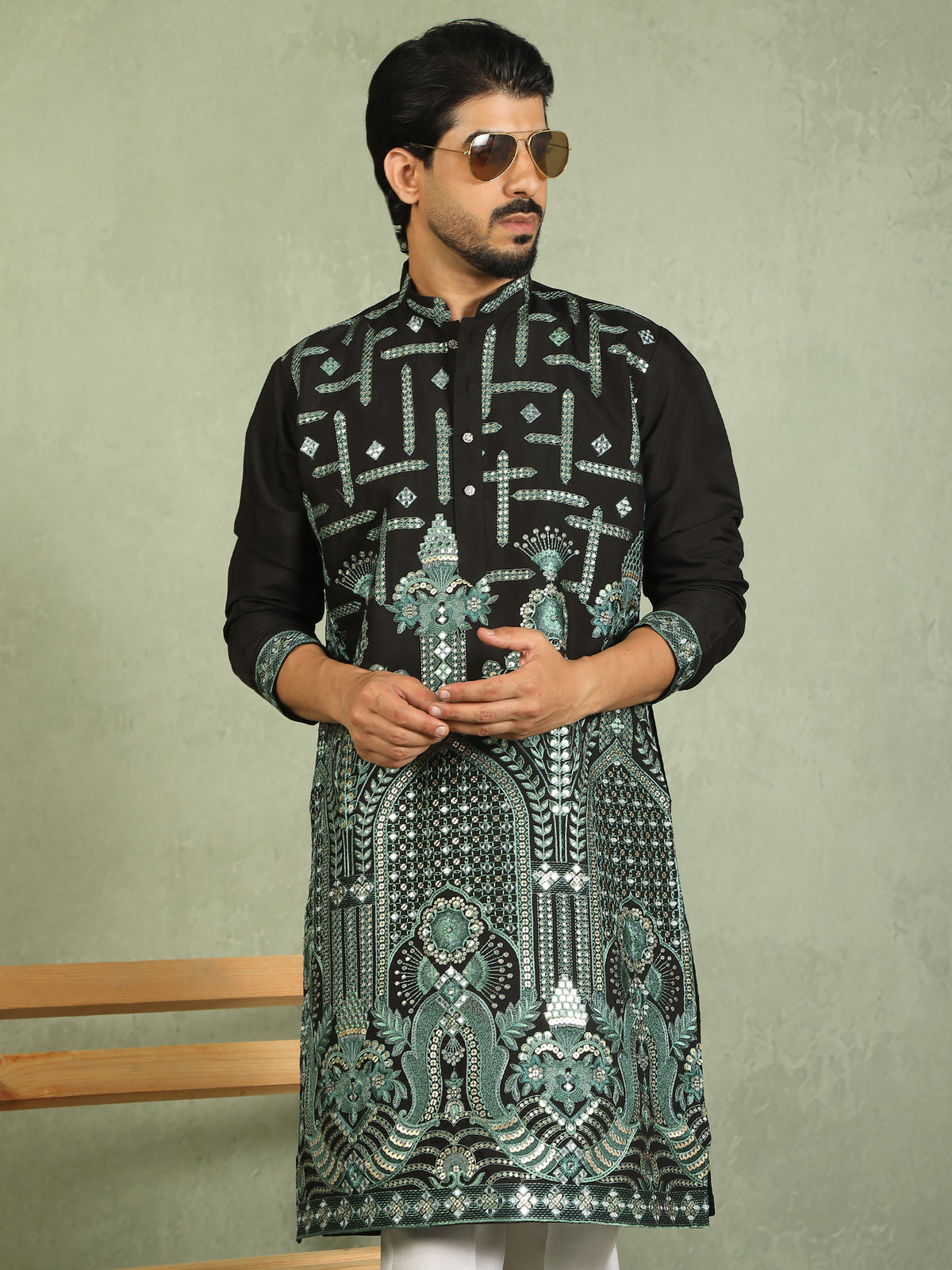 Luxe Men's Cotton Silk Fabric Ethnic Motifs Geometric Embroidered Kurta - Green