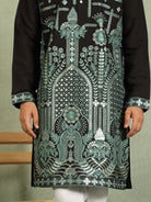 Luxe Men's Cotton Silk Fabric Ethnic Motifs Geometric Embroidered Kurta - Green