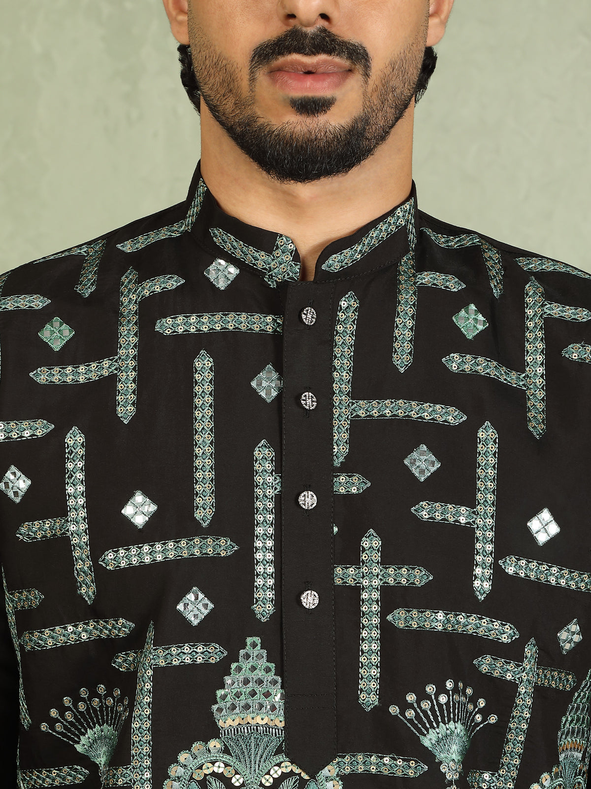 Luxe Men's Cotton Silk Fabric Ethnic Motifs Geometric Embroidered Kurta - Green
