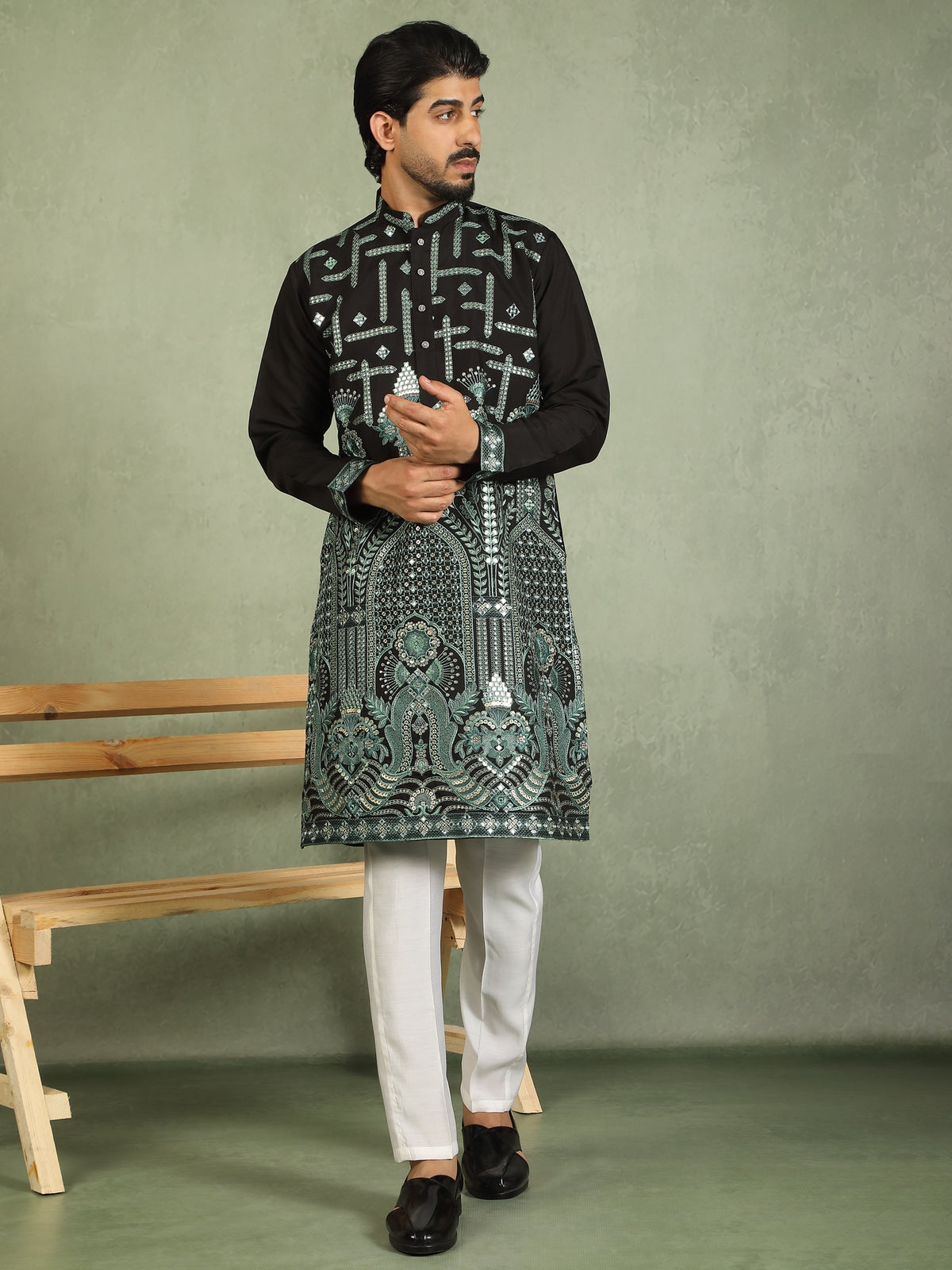 Luxe Men's Cotton Silk Fabric Ethnic Motifs Geometric Embroidered Kurta - Green