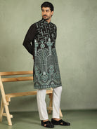 Luxe Men's Cotton Silk Fabric Ethnic Motifs Geometric Embroidered Kurta - Green