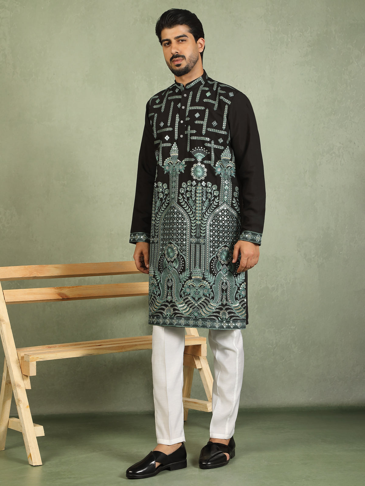 Luxe Men's Cotton Silk Fabric Ethnic Motifs Geometric Designed Kurta with Trouser Set - Green