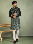 Luxe Men's Cotton Silk Fabric Ethnic Motifs Geometric Designed Kurta with Trouser Set - Green