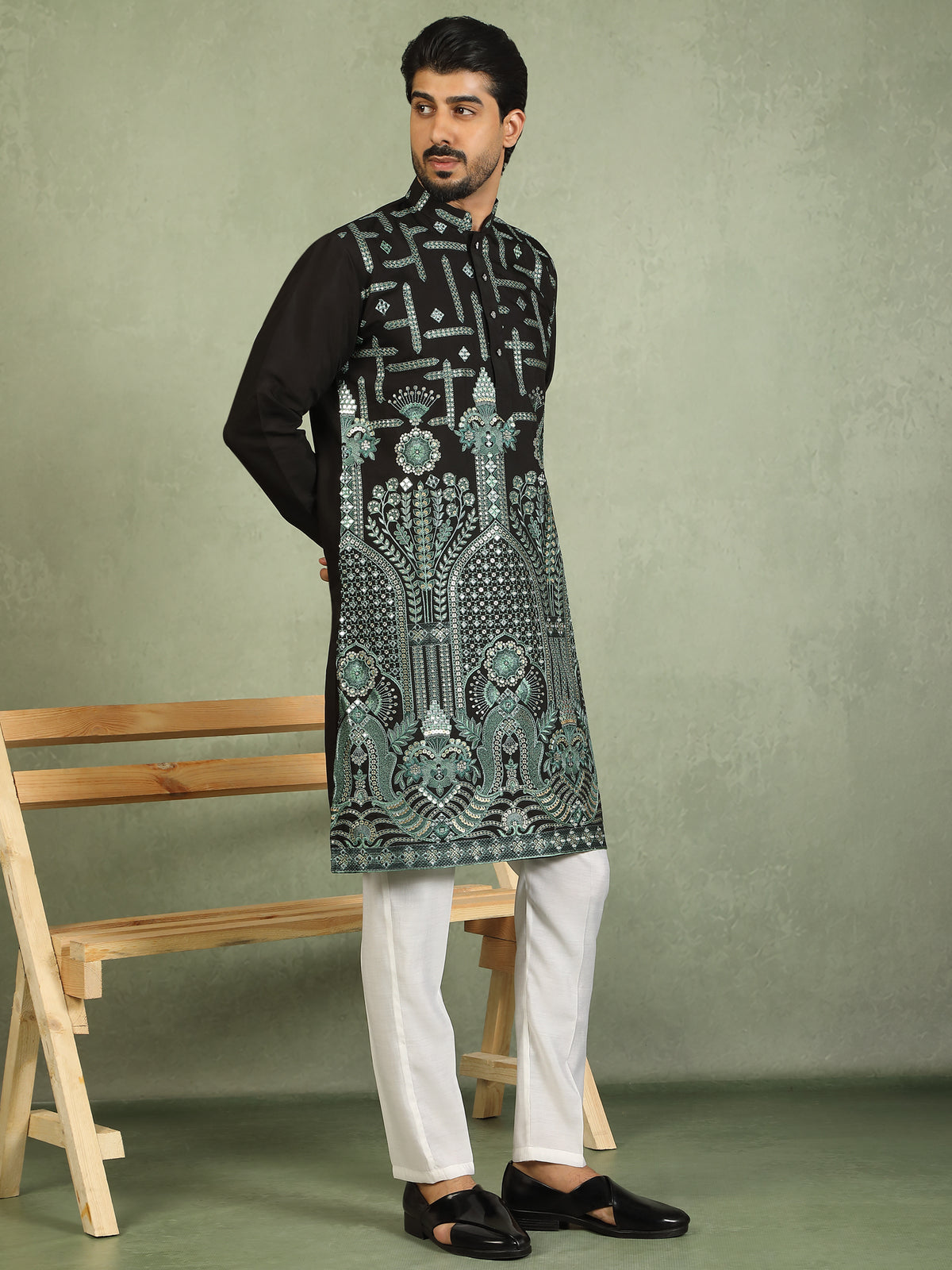 Luxe Men's Cotton Silk Fabric Ethnic Motifs Geometric Designed Kurta with Trouser Set - Green