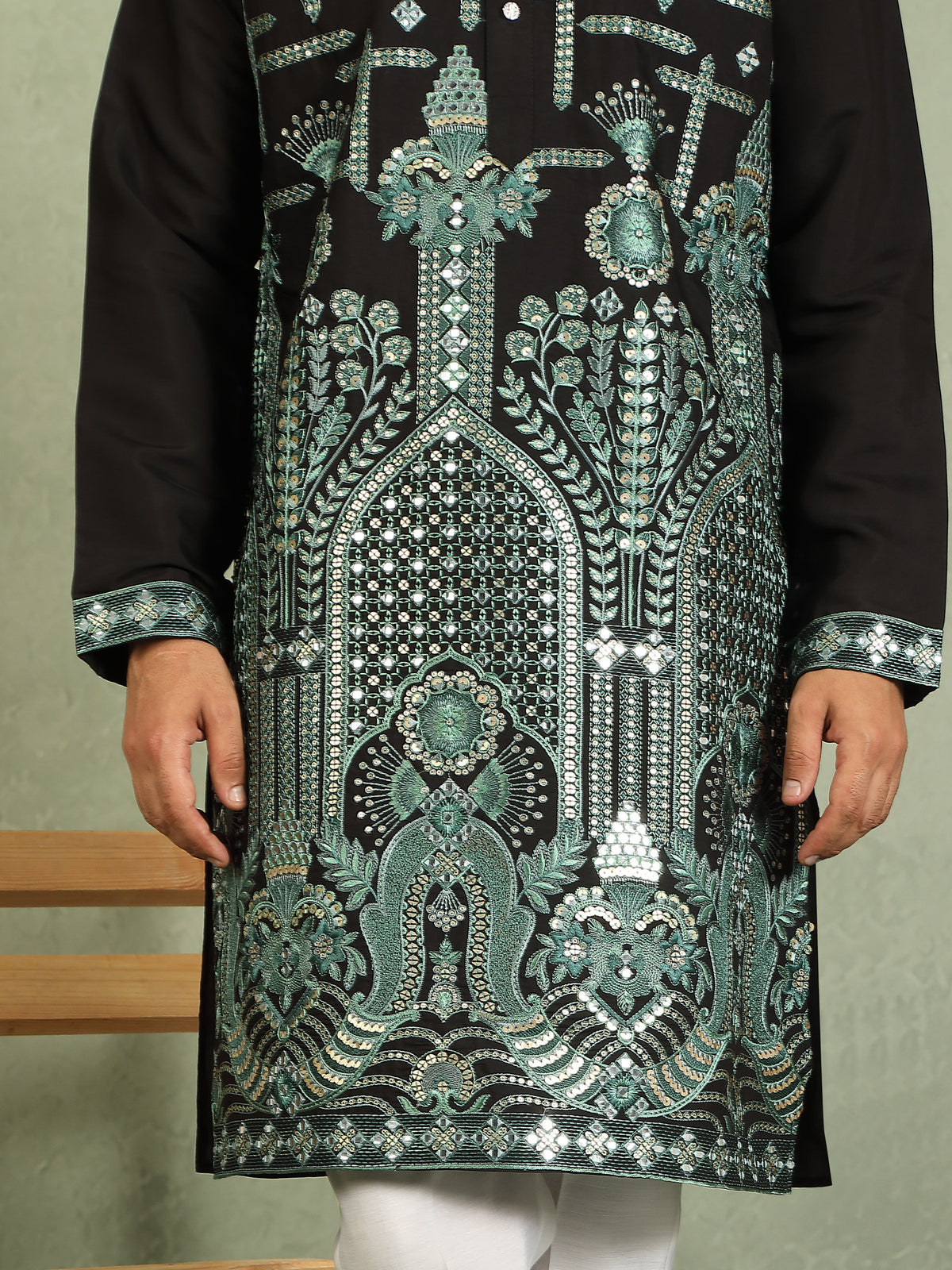 Luxe Men's Cotton Silk Fabric Ethnic Motifs Geometric Designed Kurta with Trouser Set - Green