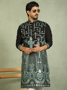 Luxe Men's Cotton Silk Fabric Ethnic Motifs Geometric Designed Kurta with Trouser Set - Green