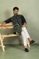 Luxe Men's Cotton Silk Fabric Ethnic Motifs Geometric Designed Kurta with Trouser Set - Green