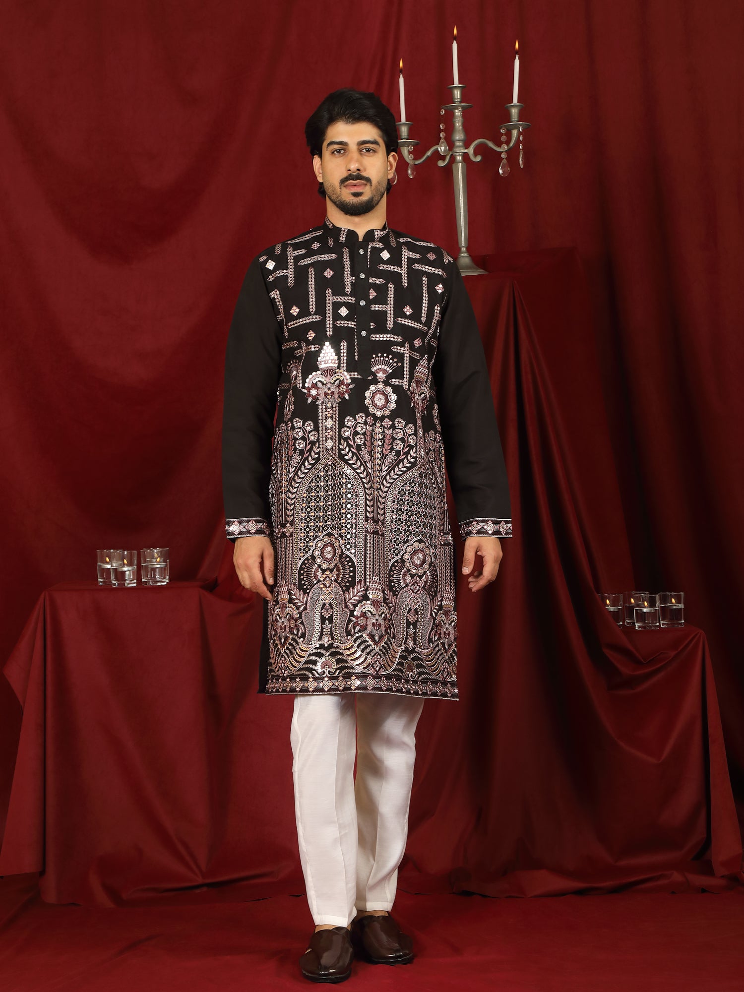 Luxe Men's Cotton Silk Fabric Ethnic Motifs Geometric Embroidered Kurta - Mauve