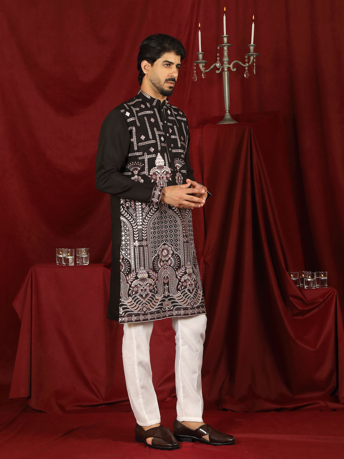 Luxe Men's Cotton Silk Fabric Ethnic Motifs Geometric Embroidered Kurta - Mauve