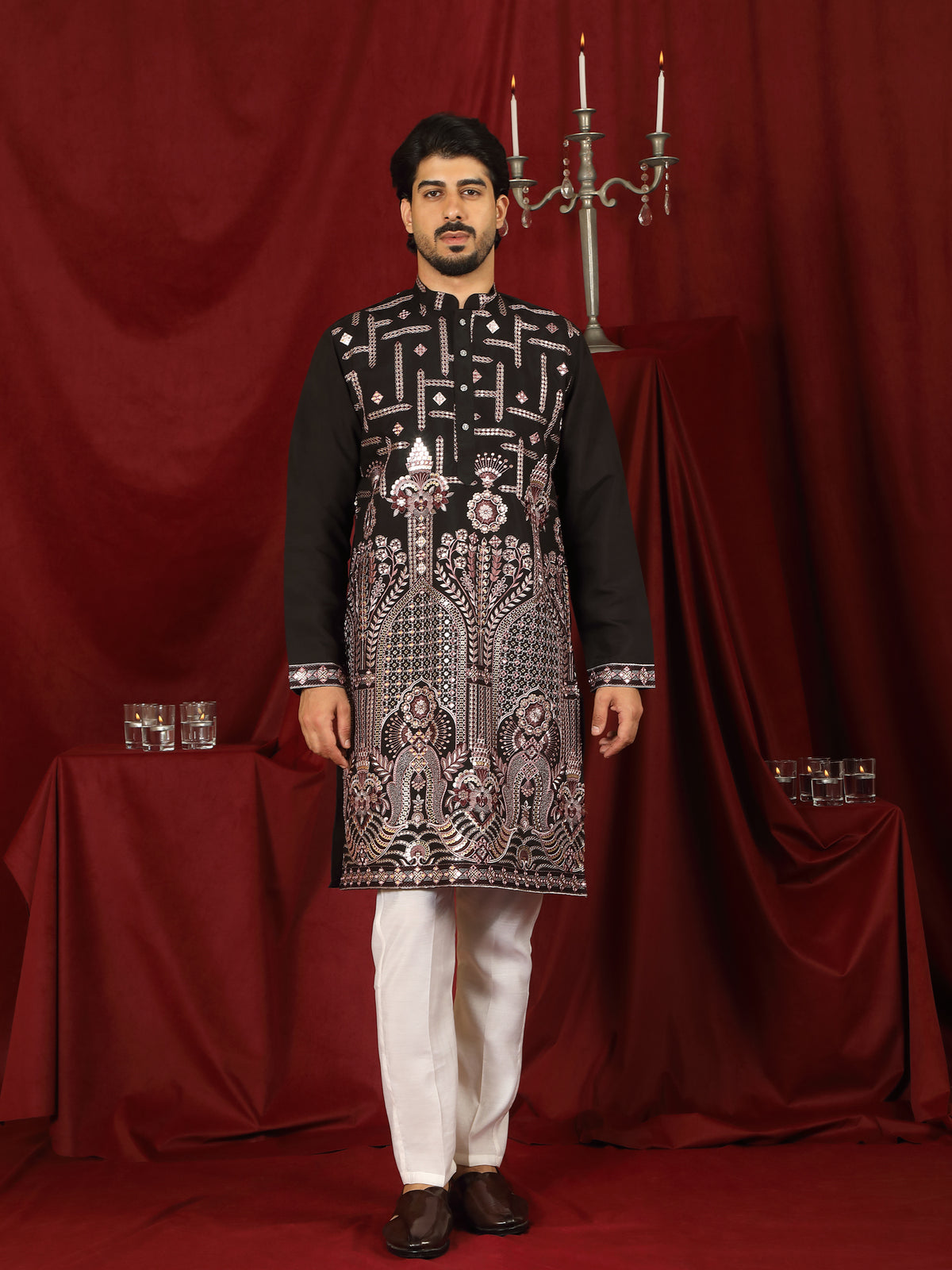 Luxe Men's Cotton Silk Fabric Ethnic Motifs Geometric Designed Kurta with Trouser Set - Mauve