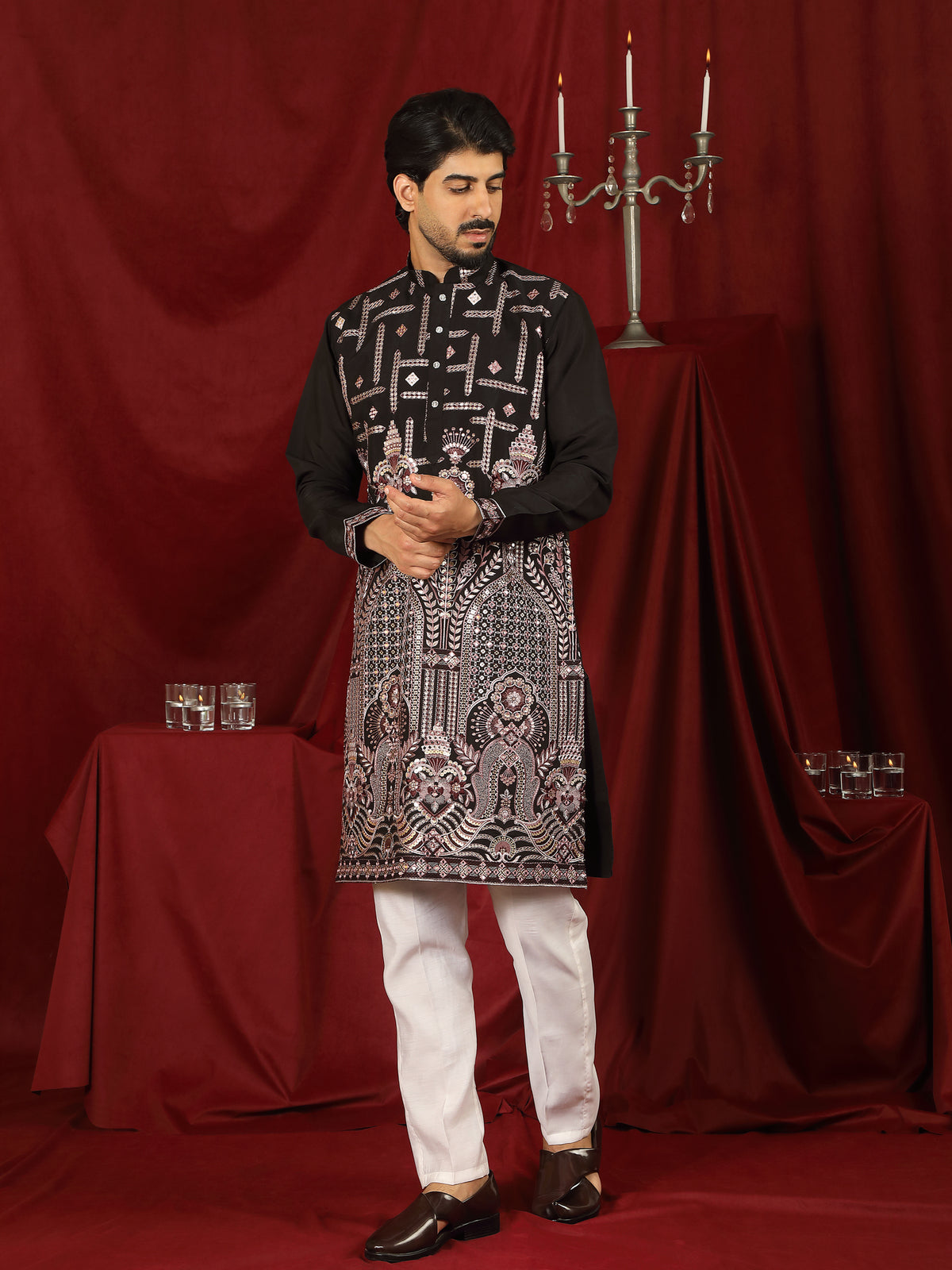 Luxe Men's Cotton Silk Fabric Ethnic Motifs Geometric Designed Kurta with Trouser Set - Mauve