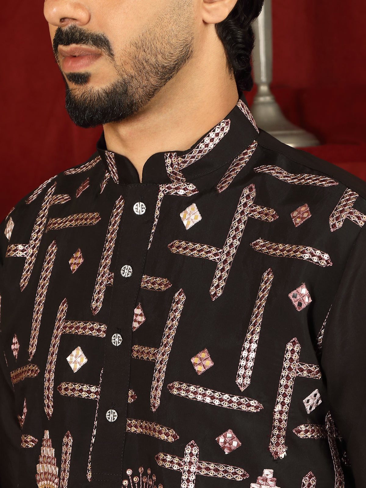 Luxe Men's Cotton Silk Fabric Ethnic Motifs Geometric Designed Kurta with Trouser Set - Mauve