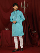 Luxe Men's Tissue Fabric All Over Boota & Mirror Work with Floral Embroidery Kurta - Blue