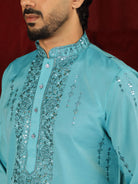 Luxe Men's Tissue Fabric All Over Boota & Mirror Work with Floral Embroidery Kurta - Blue