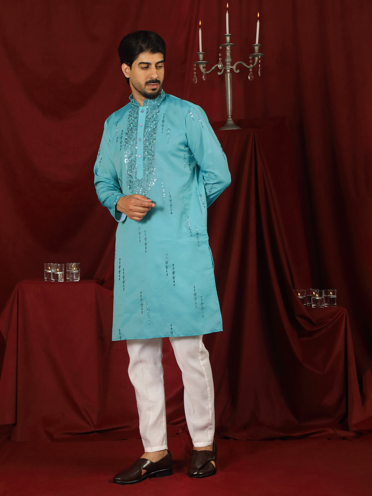 Luxe Men's Tissue Fabric All Over Boota & Mirror Work with Floral Embroidery Kurta with Trouser Set - Blue