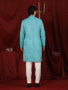 Luxe Men's Tissue Fabric All Over Boota & Mirror Work with Floral Embroidery Kurta with Trouser Set - Blue