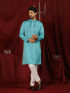 Luxe Men's Tissue Fabric All Over Boota & Mirror Work with Floral Embroidery Kurta with Trouser Set - Blue