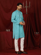 Luxe Men's Tissue Fabric All Over Boota & Mirror Work with Floral Embroidery Kurta with Trouser Set - Blue