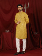 Luxe Men's Tissue Fabric All Over Boota & Mirror Work with Floral Embroidery Kurta - Mustard