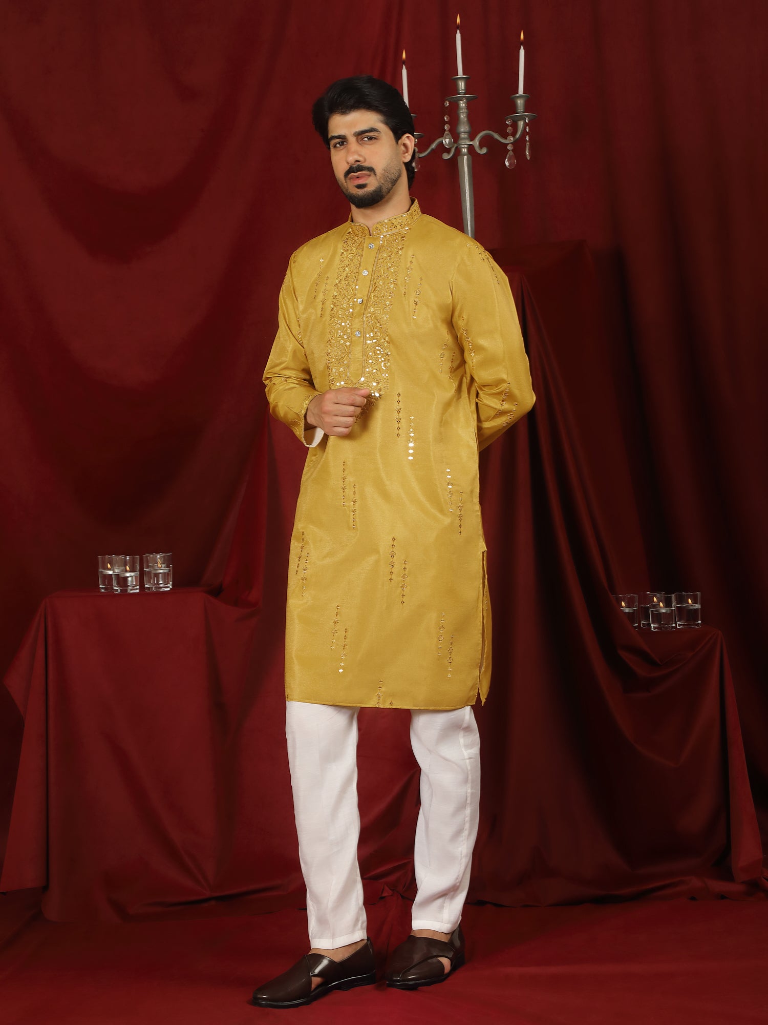 Luxe Men's Tissue Fabric All Over Boota & Mirror Work with Floral Embroidery Kurta with Trouser Set - Mustard
