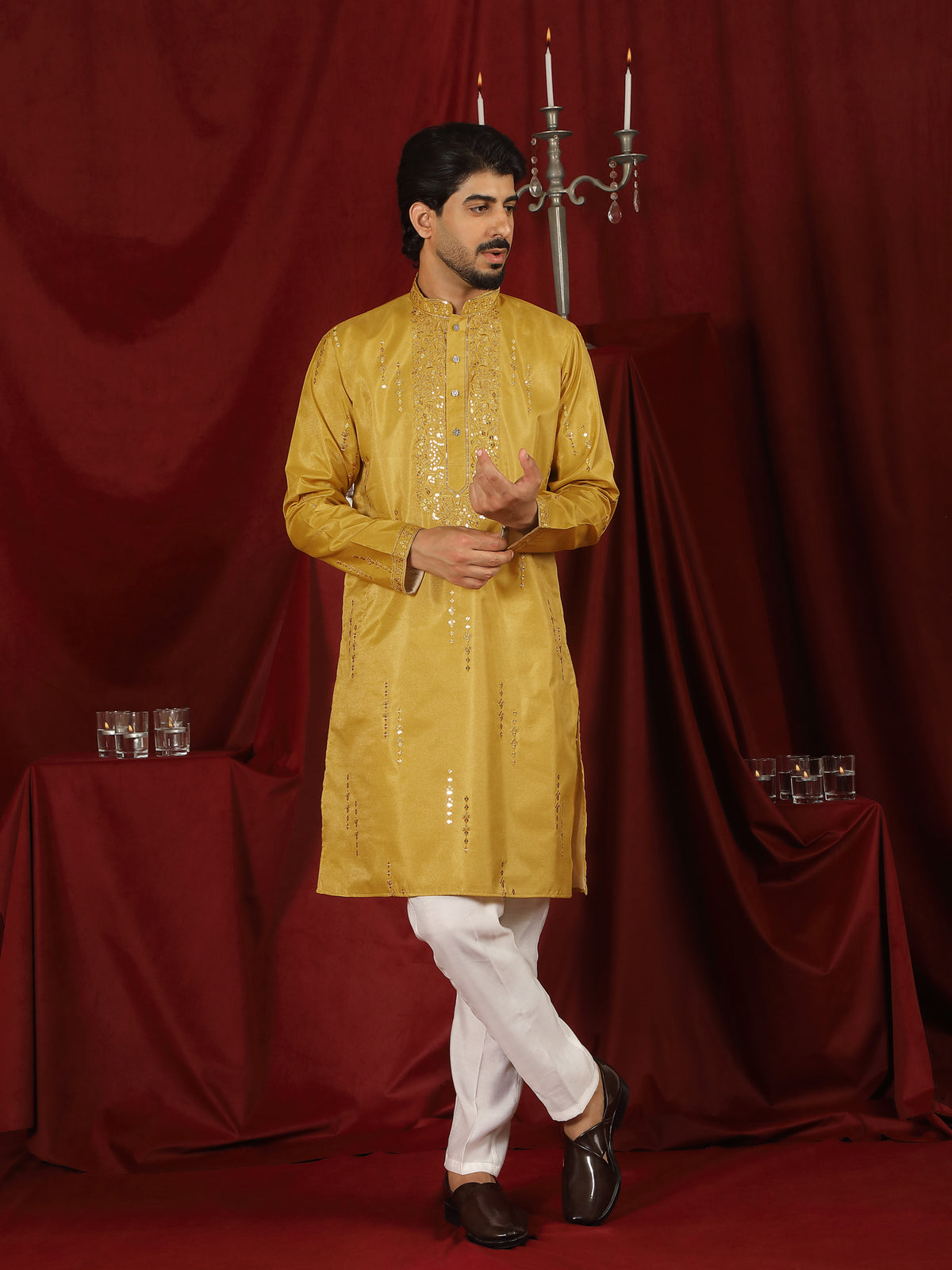 Luxe Men's Tissue Fabric All Over Boota & Mirror Work with Floral Embroidery Kurta with Trouser Set - Mustard