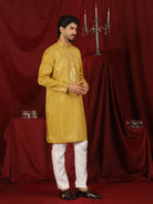 Luxe Men's Tissue Fabric All Over Boota & Mirror Work with Floral Embroidery Kurta with Trouser Set - Mustard