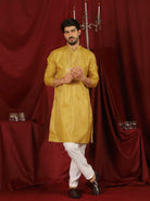 Luxe Men's Tissue Fabric All Over Boota & Mirror Work with Floral Embroidery Kurta with Trouser Set - Mustard