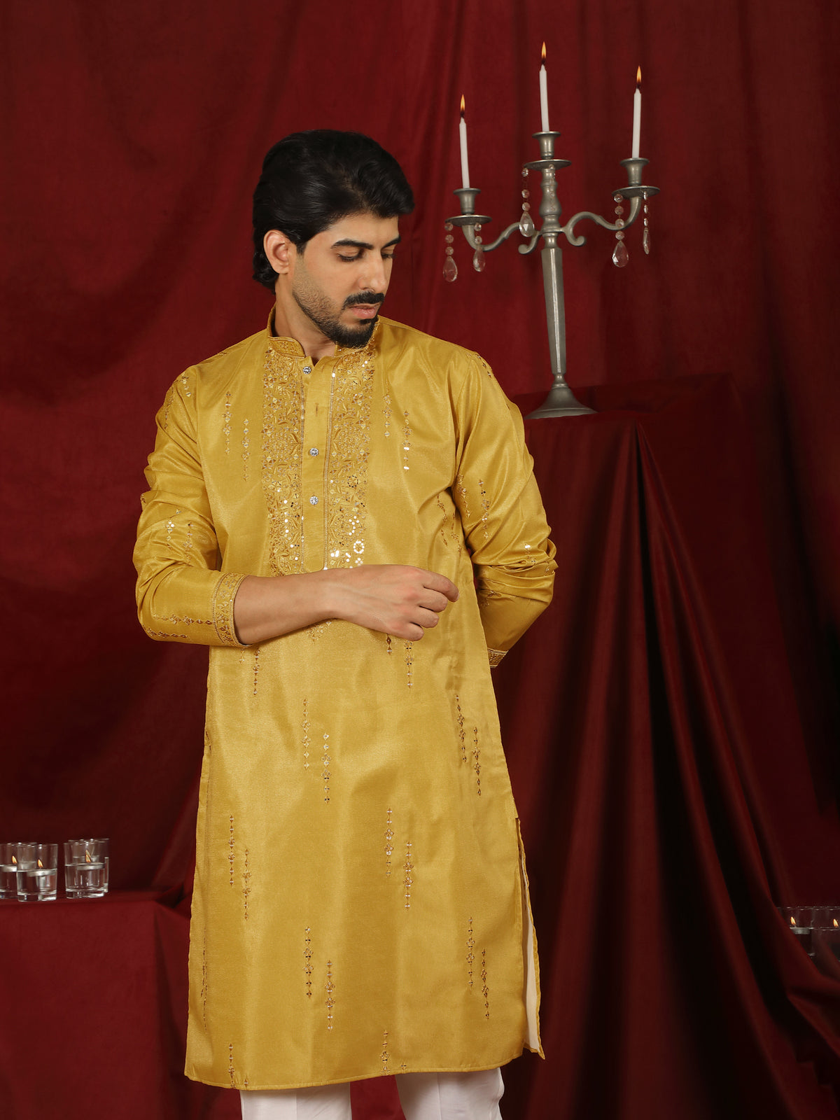 Luxe Men's Tissue Fabric All Over Boota & Mirror Work with Floral Embroidery Kurta with Trouser Set - Mustard