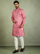Luxe Men's Tissue Fabric All Over Boota & Mirror Work with Floral Embroidery Kurta - Pink