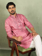 Luxe Men's Tissue Fabric All Over Boota & Mirror Work with Floral Embroidery Kurta - Pink