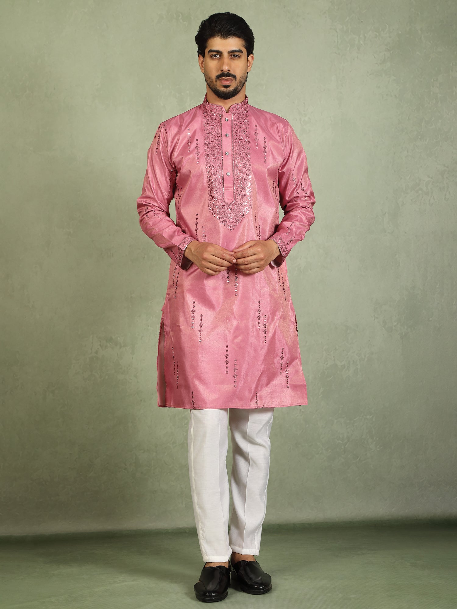 Luxe Men's Tissue Fabric All Over Boota & Mirror Work with Floral Embroidery Kurta with Trouser Set - Pink