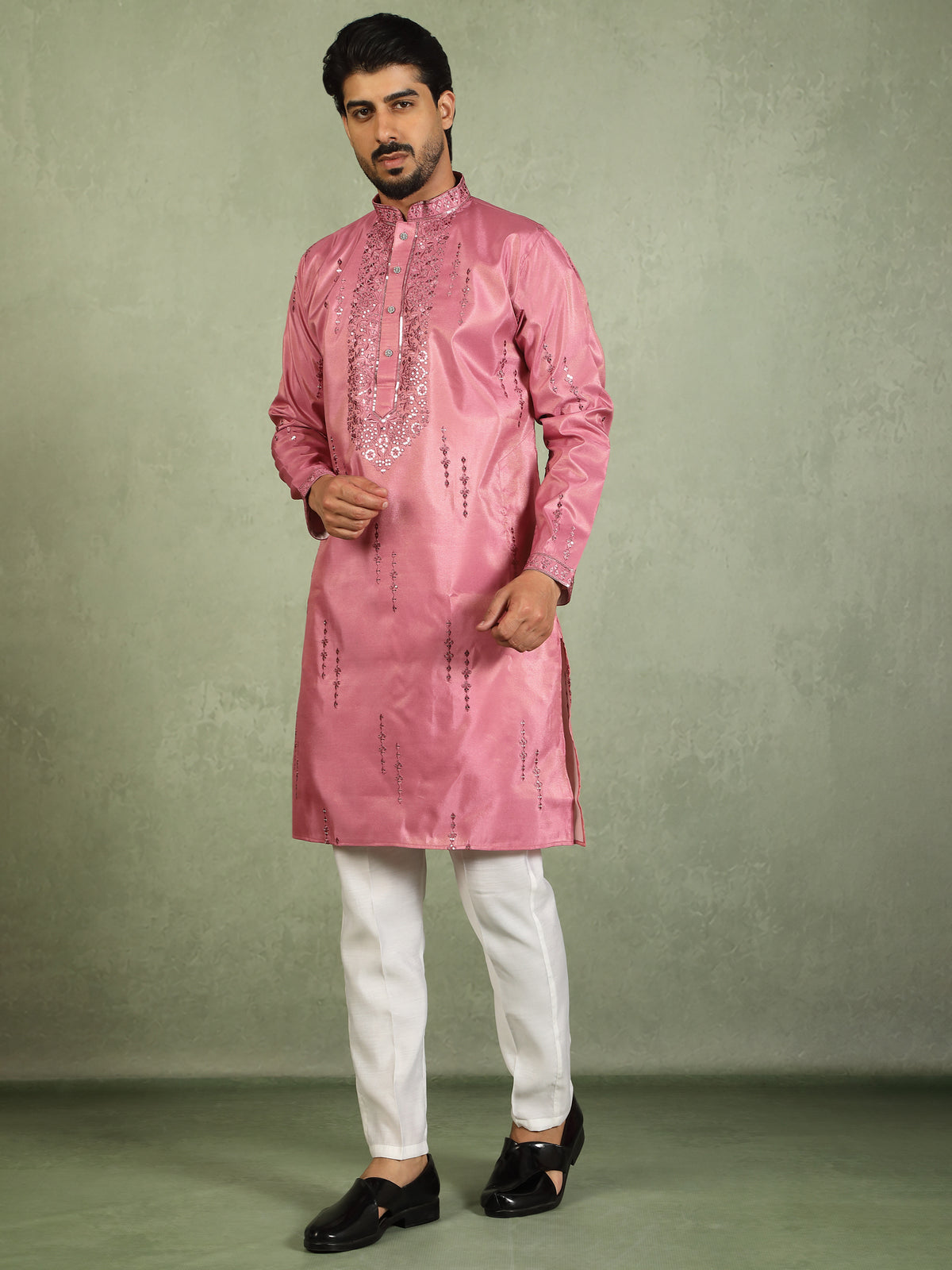 Luxe Men's Tissue Fabric All Over Boota & Mirror Work with Floral Embroidery Kurta with Trouser Set - Pink