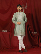 Luxe Men's Tissue Fabric Multi Color Floral Embroidery with Mirror Work Kurta - Green