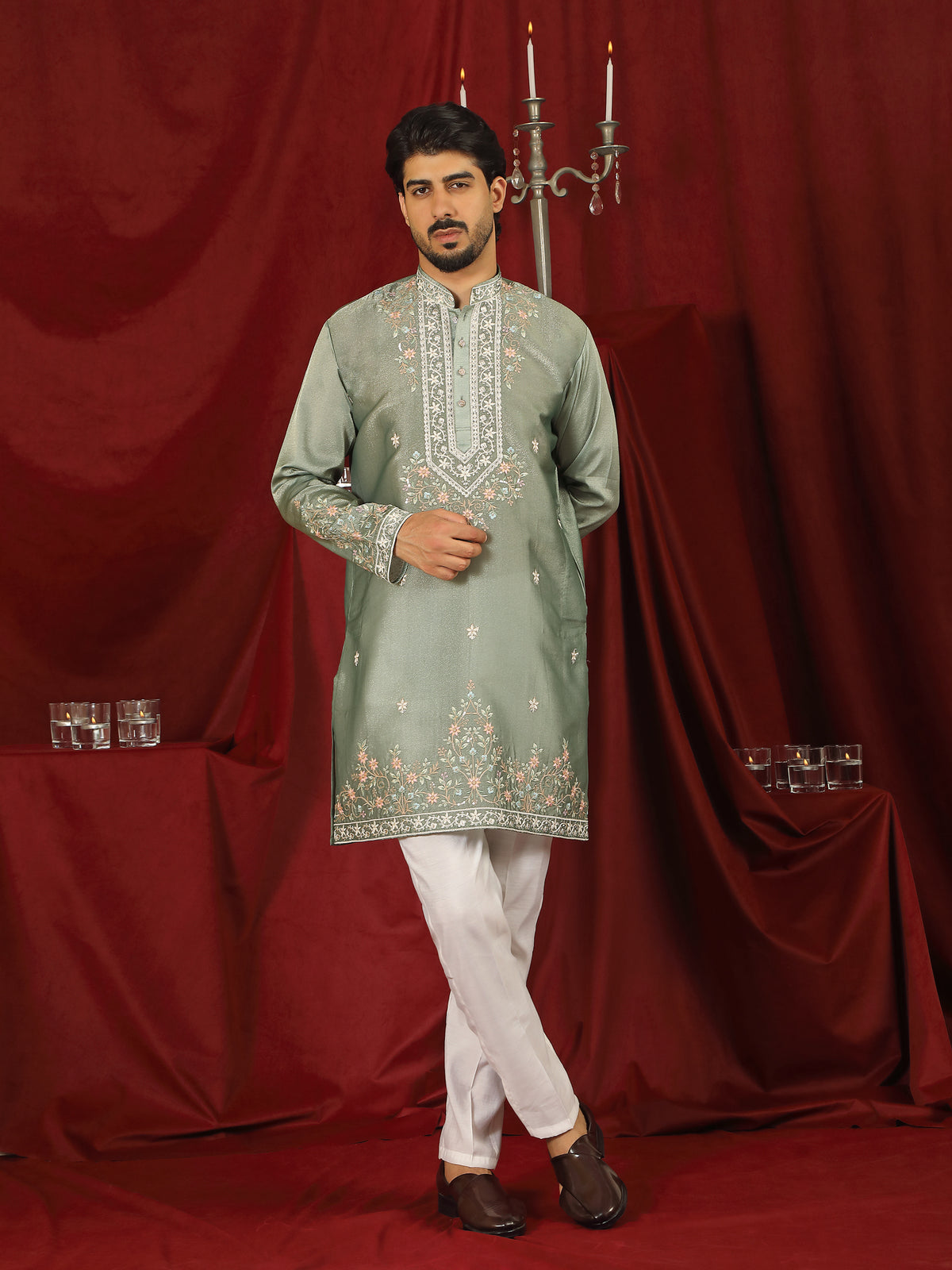 Luxe Men's Tissue Fabric Multi Color Floral Embroidery with Mirror Work Kurta - Green