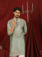 Luxe Men's Tissue Fabric Multi Color Floral Embroidery with Mirror Work Kurta - Green