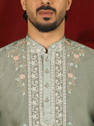Luxe Men's Tissue Fabric Multi Color Floral Embroidery with Mirror Work Kurta - Green